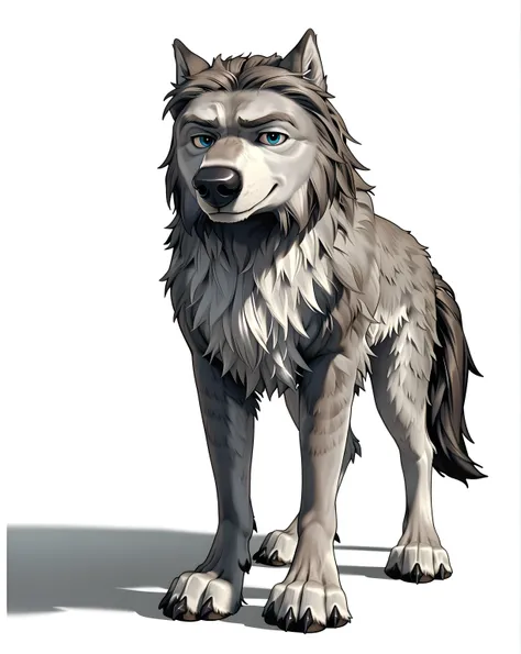 WinstonAO, full view, full body, looking at viewer, feral, wolf, old wolf, male, blue eyes, tail, solo, (white background, simple background), proud, standing tall, strong body, muscular, muscular forelegs, muscular hindlegs, subtle smile, looking at viewe...