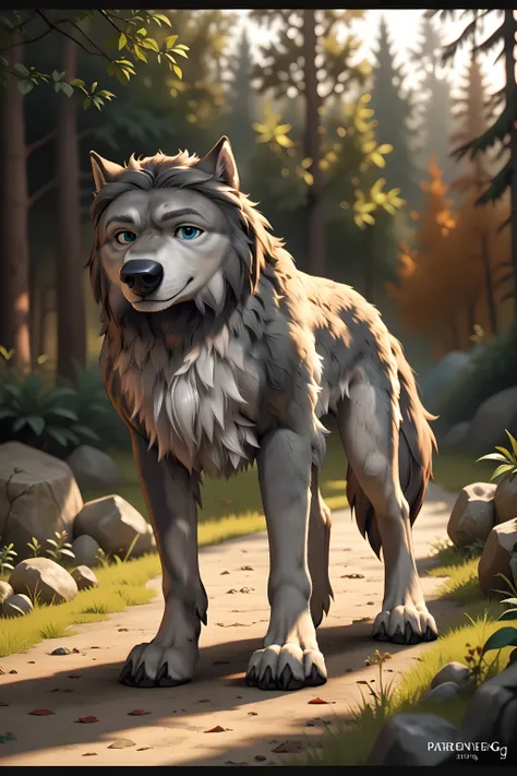 WinstonAO, full view, full body, looking at viewer, feral, wolf, old wolf, male, blue eyes, tail, solo, evening, forest background, proud, standing tall, strong body, muscular, muscular forelegs, muscular hindlegs, subtle smile, looking at viewer, gentle f...