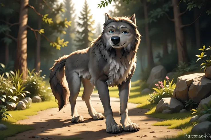 WinstonAO, full view, full body, looking at viewer, feral, wolf, old wolf, male, blue eyes, tail, solo, evening, forest background, proud, standing tall, strong body, muscular, muscular forelegs, muscular hindlegs, subtle smile, looking at viewer, gentle f...