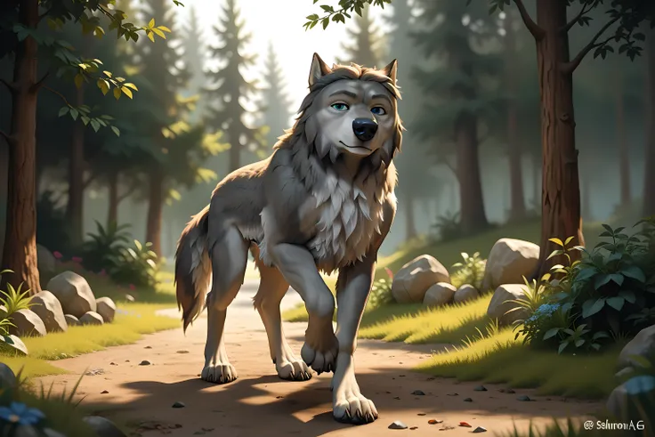 WinstonAO, full view, full body, looking at viewer, feral, wolf, old wolf, male, blue eyes, tail, solo, evening, forest background, proud, standing tall, strong body, muscular, muscular forelegs, muscular hindlegs, subtle smile, looking at viewer, gentle f...