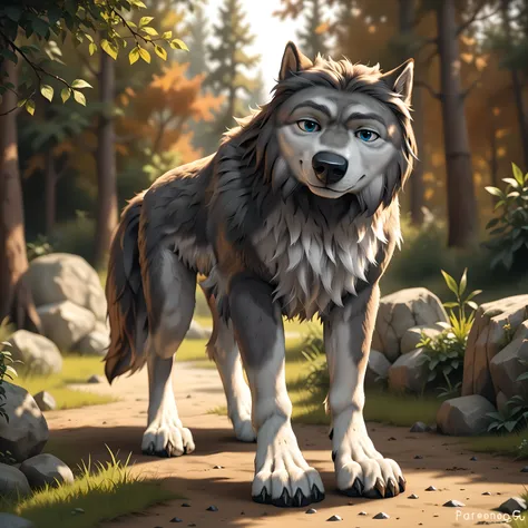 WinstonAO, full view, full body, looking at viewer, feral, wolf, old wolf, male, blue eyes, tail, solo, evening, forest background, proud, standing tall, strong body, muscular, muscular forelegs, muscular hindlegs, subtle smile, looking at viewer, gentle f...