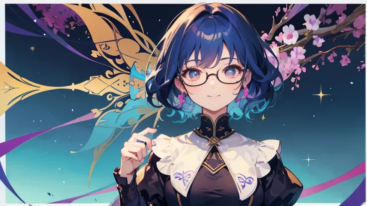 (( TOP QUALITY)), (( Masterpiece)), (  details),   wallpaper、Very  details 、(((Very  details な目と顔)))、 Masterpiece、TOP QUALITY、 To  details、Glasses、 Movement angle 、   bright color、smile、whole body、  face the audience offering tea。、 Short Hair、Blue Hair Col...