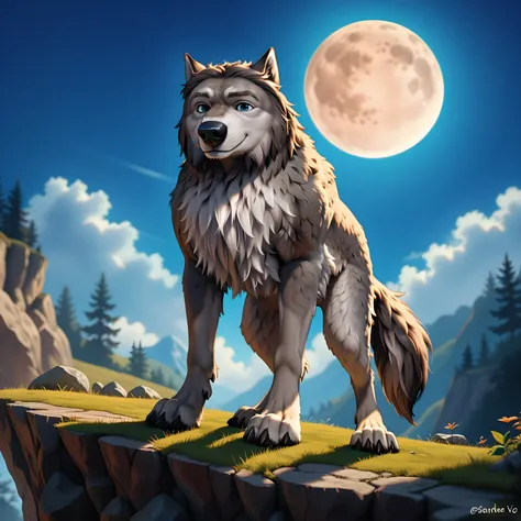 WinstonAO, full view, full body, looking at viewer, feral, wolf, old wolf, male, blue eyes, tail, solo, standing on cliffside, night sky, full moon, (large moon), proud, standing tall, strong body, muscular, muscular forelegs, muscular hindlegs, subtle smi...