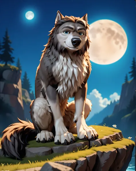 WinstonAO, full view, full body, looking at viewer, feral, wolf, old wolf, male, blue eyes, tail, solo, on cliffside, night sky, full moon, large moon, proud, sitting, sitting wolf, strong body, muscular, muscular forelegs, muscular hindlegs, subtle smile,...