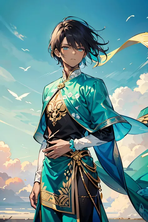 tall, dark-skinned male.  dark short hair. Turquoise eyes . Dressed in a turquoise patterned kandura. Gold rings on his hands. A strong wind is blowing around.