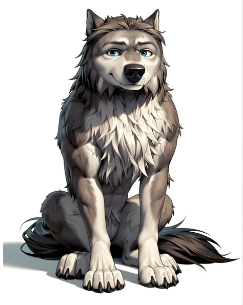 WinstonAO, full view, full body, looking at viewer, feral, wolf, old wolf, male, blue eyes, tail, solo, no background, simple background, simple floor, proud, sitting, sitting wolf, (strong body, muscular, muscular forelegs, muscular hindlegs, muscular che...