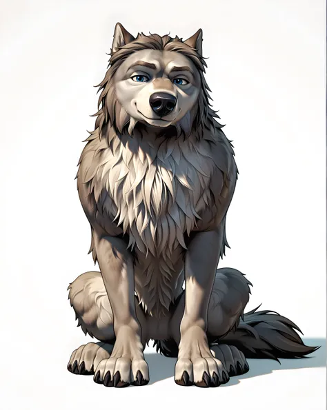 WinstonAO, full view, full body, looking at viewer, feral, wolf, old wolf, male, blue eyes, tail, solo, no background, simple background, proud, sitting, sitting wolf, strong body, muscular, muscular forelegs, muscular hindlegs, muscular chest, strong ches...
