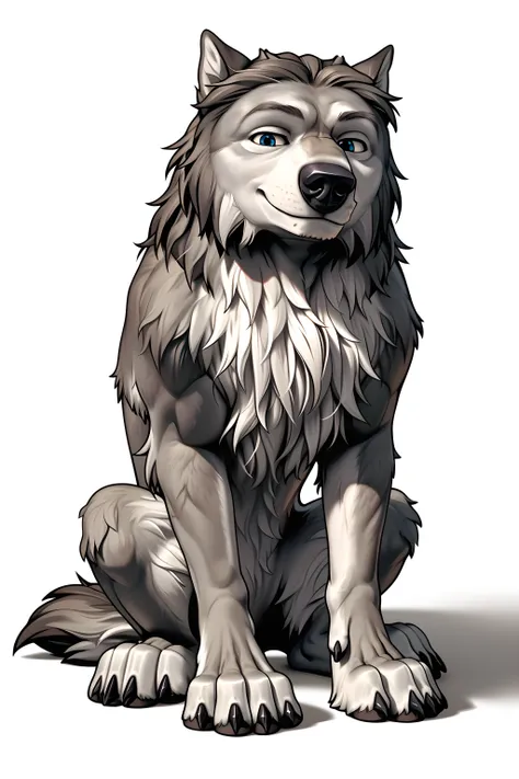 WinstonAO, full view, full body, looking at viewer, feral, wolf, old wolf, male, blue eyes, tail, solo, no background, simple background, proud, sitting, sitting wolf, strong body, muscular, muscular forelegs, muscular hindlegs, muscular chest, strong ches...