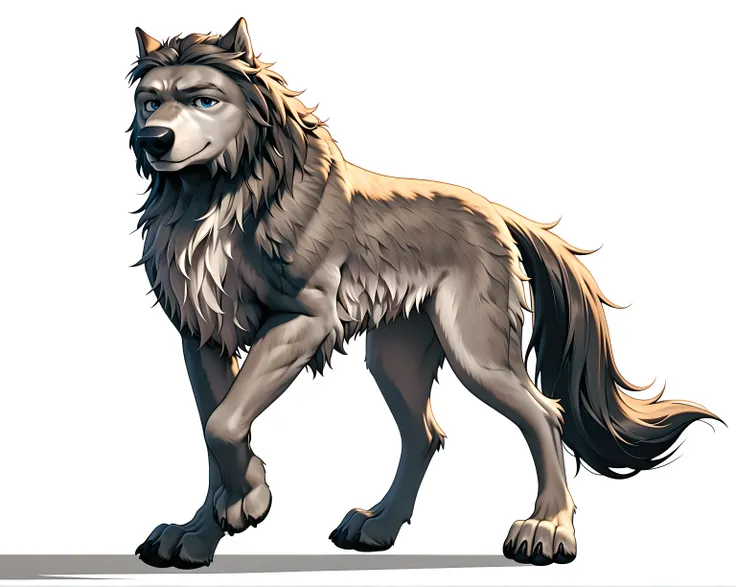 WinstonAO, full view, full body, looking at viewer, feral, wolf, male, blue eyes, tail, solo, (white background, simple background), standing, strong body, muscular, muscular forelegs, muscular hindlegs, subtle smile, looking at viewer, gentle face, posing...