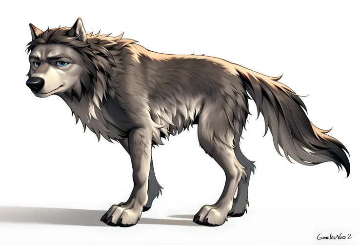 WinstonAO, full view, full body, looking at viewer, feral, old wolf, wolf, male, blue eyes, tail, solo, (white background, simple background), standing, strong body, subtle smile, looking at viewer, gentle face, side view, posing,