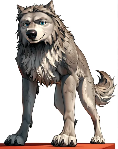 WinstonAO, full view, full body, looking at viewer, feral, wolf, old wolf, male, blue eyes, tail, solo, (white background, simple background), standing, strong body, muscular, muscular forelegs, muscular hindlegs, subtle smile, looking at viewer, gentle fa...