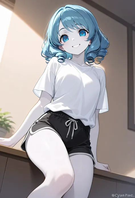 (masterpiece), 1girl, best quality, blue eyes, perfect face, cyan hair, pale skin, happy smile, white shirt, black shorts