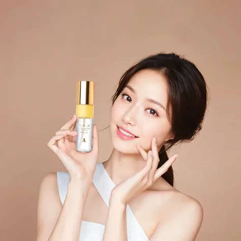 An arafed woman holding a bottle of lotion in her hand, ji-min, photoshoot for skincare brand, lee ji-eun, lee ji - eun, popular korean makeup, hwang se - on, popular south korean makeup, sha xi, shin min jeong, park ji-min, beauty campaign, smooth golden ...