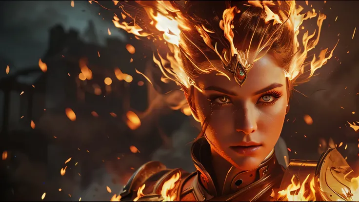 a close up of a woman with fire on her head, she has fire powers, appears as the fire goddess, unreal engine 5 render dramatic, cinematic goddess shot, stunning vfx, cinematic unreal engine 5, unreal engine 5 highly rendered, steampunk chandra queen of fir...