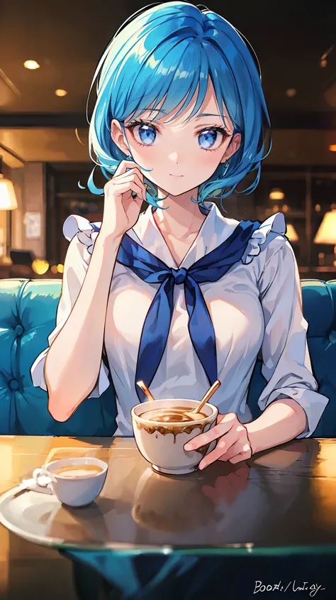 a girl with blue hair, medium hairstyle, turquoise eyes, beautiful hands, perfect figure, in a cafe, date scene, realistic, photorealistic, 8k, ultra-detailed, masterpiece, elegant, soft lighting, warm color tones, cinematic, atmospheric, intricate details...