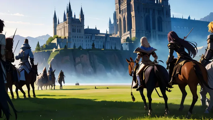 A breathtaking fantasy battlefield, epic MMORPG scene, massive player battle with knights, archers, and mages, glowing magic spells flying through the air, grand castle in the background, detailed armor and weapons, cinematic lighting, ultra-realistic, hig...