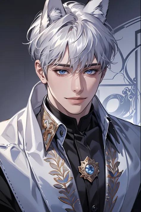 ( realistic:1.37,  best quality , 4K, 8k, high resolution,  masterpiece:1.2)  very detailed without robots, Accurate eyes, young, 1 male,  very handsome,  white skin,  silver hair,  short hair, blue eyes, [ animal ears : wolf ear],  smiley face, medieval m...