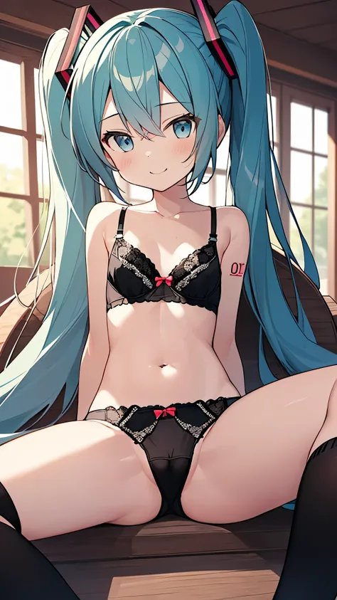  (( spread your legs)),(8k、Best Picture Quality、最 high quality、​masterpiece)、1 人の girls on the leftが、ライトブルーのtwin tails、 Hatsune Miku、light blue eyes、 Smile、 small breasts、 anime art、 anime-like、((((black checked bra only 、 black checked panties only))))、((...