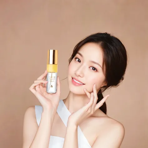 An arafed woman holding a bottle of lotion in her hand, ji-min, photoshoot for skincare brand, lee ji-eun, lee ji - eun, popular korean makeup, hwang se - on, popular south korean makeup, sha xi, shin min jeong, park ji-min, beauty campaign, smooth golden ...