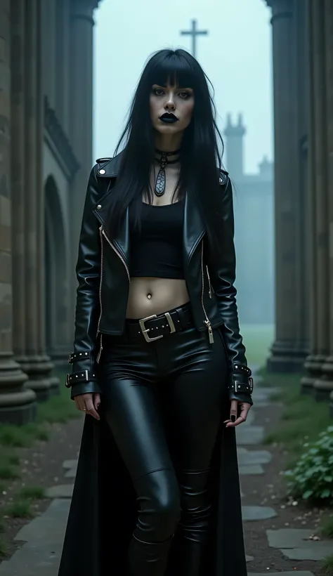 gothic rock woman Long black hair with bangs, thin waist, thick thighs, big breasts, six pack abs, toned legs, biceped, leather t-shirt, black leather jacket, Black leather pants, Black combat boots, Goth makeup, black eyeliner, woman, attractive body, hot...