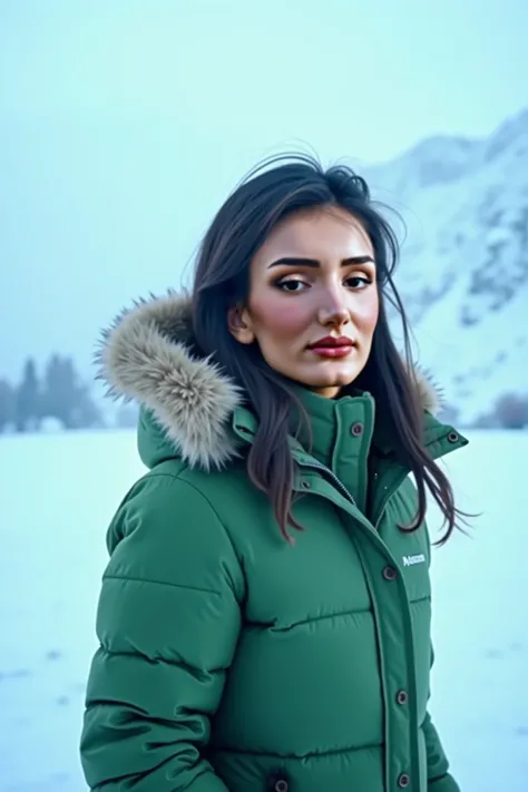 Maintenance of Mount Everest, wearing a green puffer jacket, solo, a beautiful girl, like a movie scene, a snowy ground, Winter, Winter, ultra realistic, realistic, Full HD, 8k, Extremely detailed skin, extremely detailed facial features, incredibly realis...