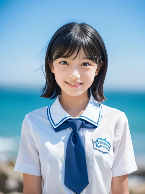 (1 Girl, alone, Japanese Girls), ,Highest quality, Tabletop, 8K, High resolution, Super detailed, (Portraiture), Recall, Black Hair, short hair, Hair Clip, Shiny skin, Flat Chest, smile, (Middle school students:1.5, uniform, White collared shirt, bow tie,)...