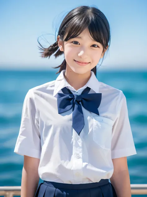 (1 Girl, alone, Japanese Girls), ,Highest quality, Tabletop, 8K, High resolution, Super detailed, (Portraiture), Recall, Black Hair, short hair, Hair Clip, Shiny skin, Flat Chest, smile, (Middle school students:1.5, uniform, White collared shirt, bow tie,)...
