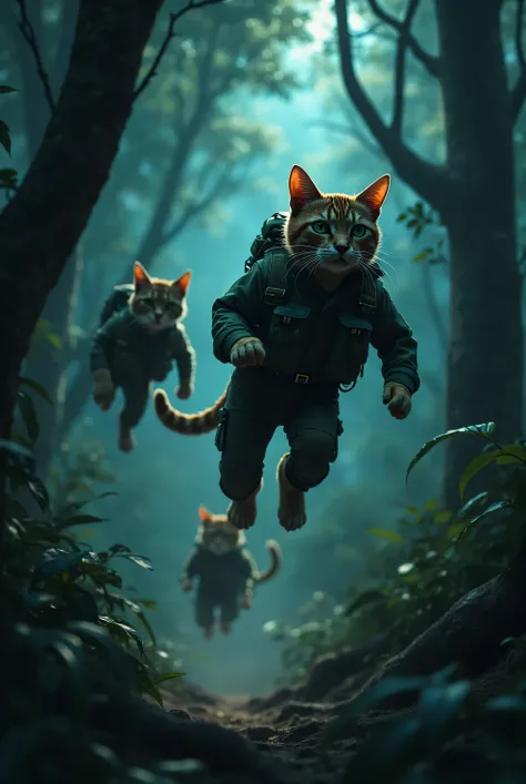 Several cats in dark green guerrilla uniforms and small backpacks jumped from tree to tree, chasing spy dog agents in the middle of the night.