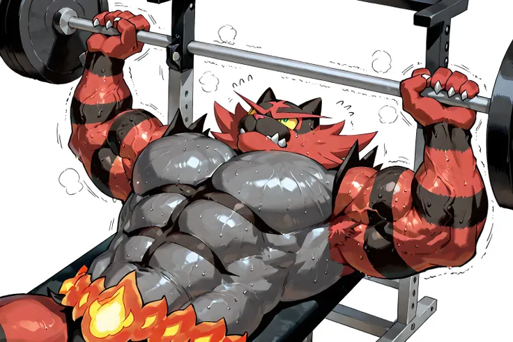 incineroar, high quality, male, solo, white background, no background, looking up, bench press, weightlifting, weight bench, exercising, weights, struggling, lying, on back, thick arms, big pecs, veiny pecs, veiny arms, bulging arms, half body, upper body,...