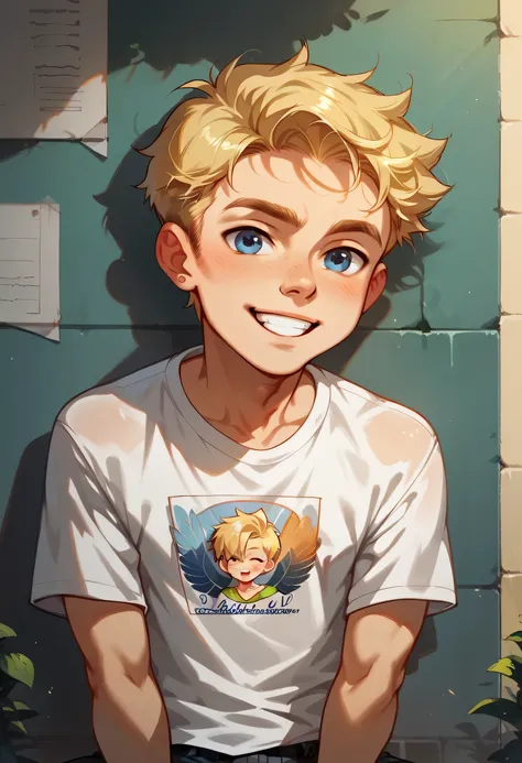 Shota David Warner boy blonde hair white t-shirt ultra HD quality alone in the park upper body short detail smiling