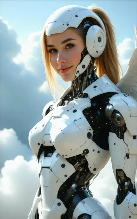 High resolution, 4k, realistic, photo, photo realistic, body shot, female angel, slim waist but curvy, Cyborg girl with a robotic body and human Head, Human face, human hair, facial features defined with high cheekbones and a sharp jawline, her facial skin...