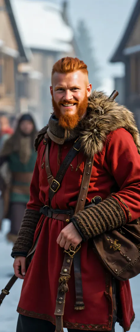 **Prompt:** Create an intricately detailed portrait zoomed-out scene of an optimistic, positive-vibe red ginger Viking male traveler during the medieval age. Showcase hyper-realism with a symmetrical composition, capturing the scene from an ultra-wide angl...