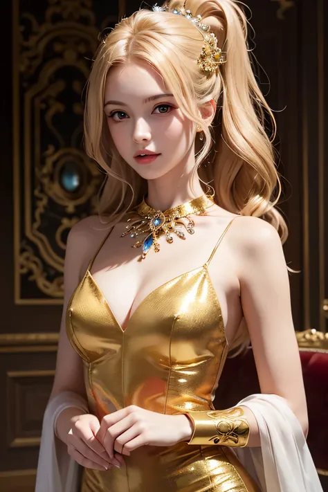 A young and beautiful woman with golden hair, holding an elegant gemstone