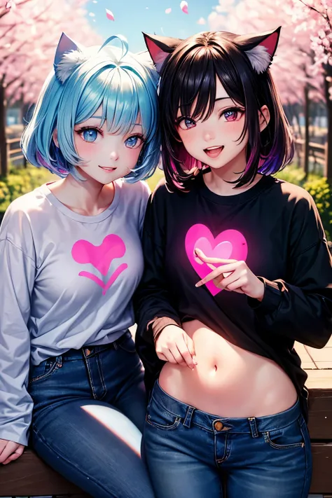 Top Quality, 2girls.High Resolution, Perfect Human Structure, Focus on Background, Neon Color, Looking Up, Iridescent Hair, Shiny Hair, Cat Ear, Smiling Heart Shape Eyes, Spring, Cherry Petals, Side Bangs, Shiny Hair, Upper Teeth, Winking, Gradient Eyes, W...