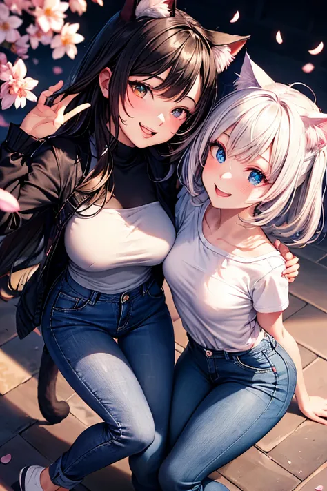 Best Quality, 2girls.High Resolution, Perfect Human Structure, Fun, Top Angle, Focus On Background, Neon Color, Looking Up, Iridescent Hair, Shiny Hair, Cat Ear, Smiling Heart Shape Eyes, Spring, Cherry Petals, Side Bangs, Shiny Hair, Top Tooth, Winking, G...