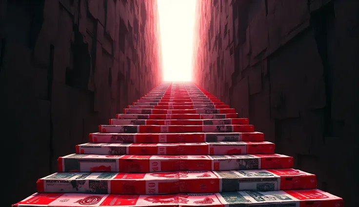 "Manga-styled red and black staircase made of banknotes leading to a bright light, but at the top, there is only an empty abyss."