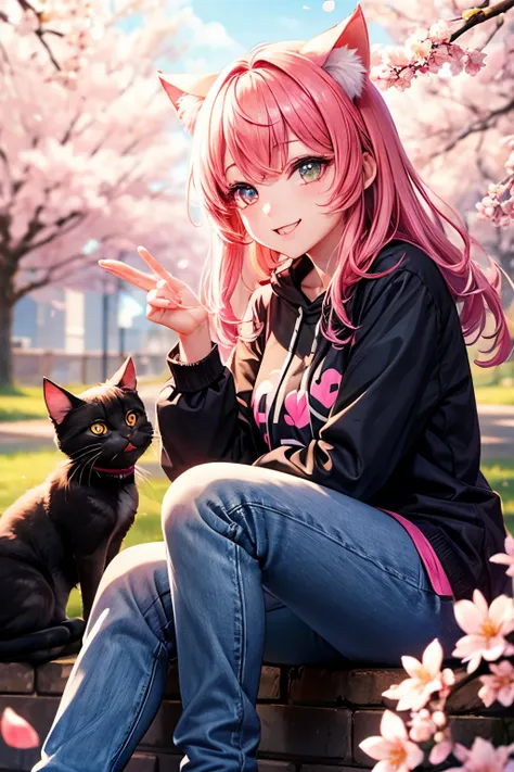 Best Quality, .High Resolution, Perfect Human Structure, Sideways Angle, Focus On Background, Neon Color, Pink Hair, Shiny Hair, Cat Ear, Smiling Heart Shape Eyes, Spring, Cherry Petals, Cherry Tree, Side Bangs, Shiny Hair, Gradient Eyes, White Trainers, B...