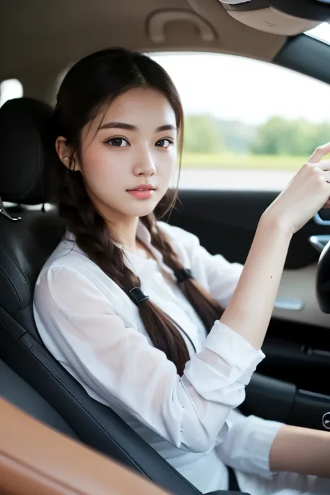 beautiful 19-year-old girl, masterpiece, best quality, ((driving a Mercedes style car, Driver&#39;s seat,( get behind the wheel, Looking Ahead))), (very short strong perm hair, (( trench coat))), happy smile, diamond earrings, diamond necklace, diamond bra...