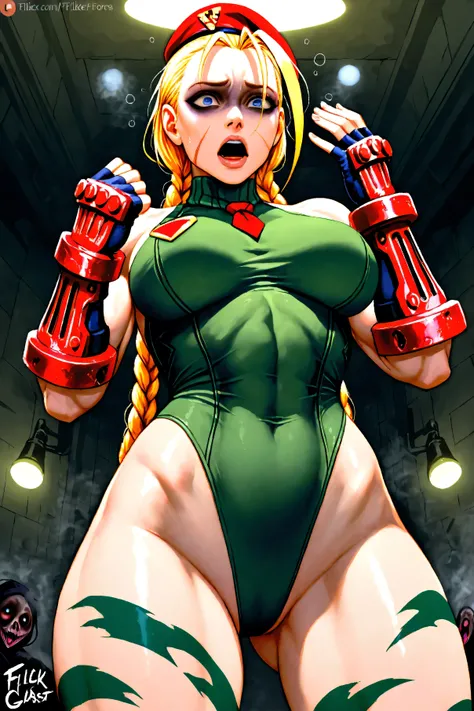 A hyper-realistic, horror-themed depiction of Cammy from Street Fighter, set in a dark and sinister environment. The air is thick with an eerie fog, and the dim, flickering lights cast unsettling shadows. Cammy looks deeply tormented, her face gaunt and ex...