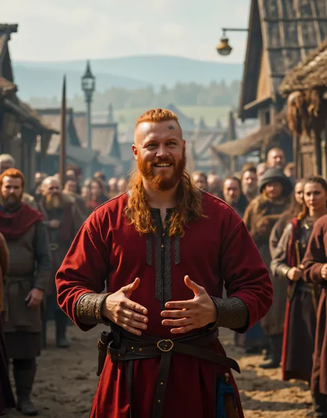 **Prompt:** Create an intricately realistic detailed panoramic zoomed-out scene of an optimistic, positive-vibe red ginger Viking male chief during the medieval age. Showcase hyper-realism with a symmetrical composition, capturing the scene from a panorami...