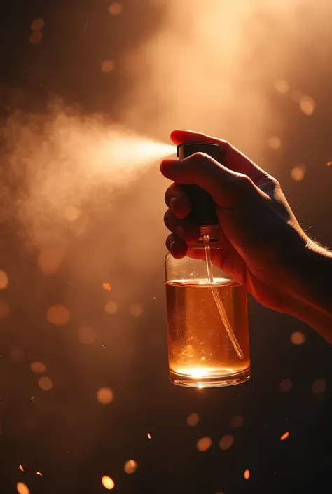 a person spraying a bottle of perfume with a sprayer, carrying a bottle of perfume, smelling good, perfume, perfume bottle, floating in perfume, shutterstock, dust motes in air, ymmm and that smell, misting, dramatic product photography, spraying liquid, f...