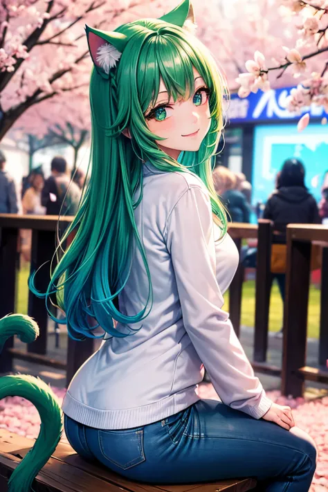 Best Quality, .High Resolution, Perfect Human Structure, Focus On Background, Neon Color, Sideways Angle, Sitting, Park, Shiny Hair, Cat Ear, Smiling Heart Shape Eyes, Spring, Cherry Petals, Green Hair, Side Bangs, Shiny Hair, Long Hair, Smiling, Back Angl...