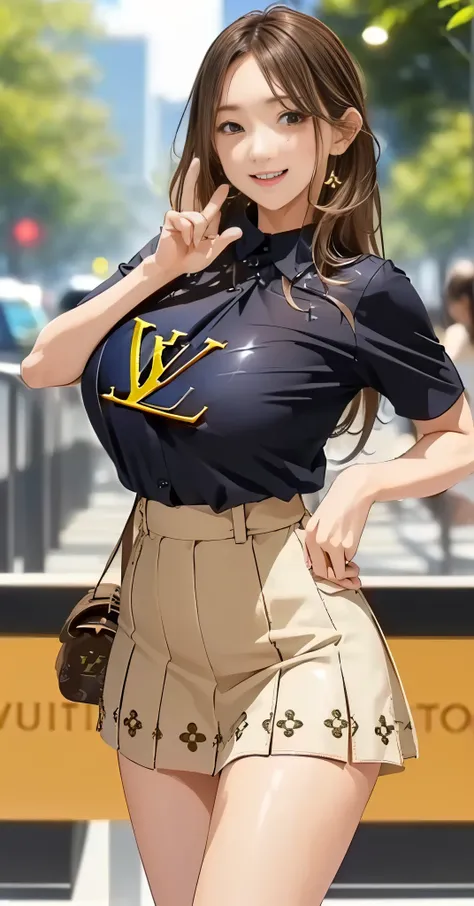 ((( big-tits:1.2)))、 Chest Valley、  tanning、（one girl）、Expose the muscles 、anatomically correct、Correct finger、 Sweaty muscles 、((waer Louis Vuitton shirt:1.2、 Tight Miniskirt))、Neat Girl、smile、Pubic hair is transparent、 ((( sexy pose)))、 in the sun's natu...