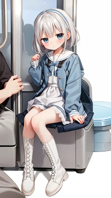 white lace-up boots， white pantyhose， short white hair，Twisted Braids ， Blue dress ，Shy， blush，loli，( Girl is peeing : 1.2), on the train