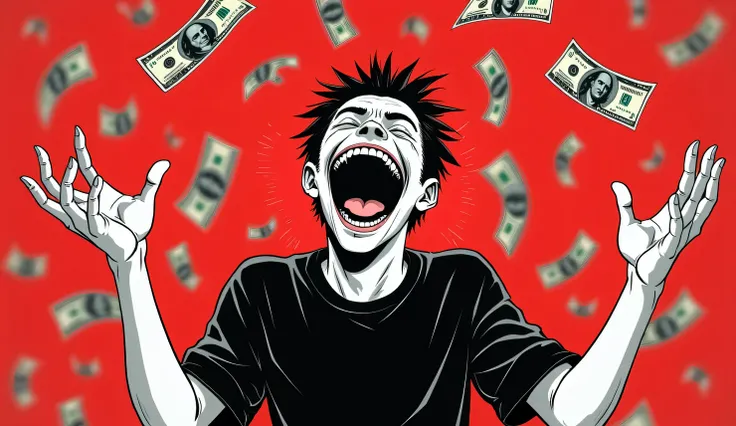 "Manga-styled red and black drawing of a man laughing maniacally while throwing money in the air, but behind his smile, his eyes are hollow."