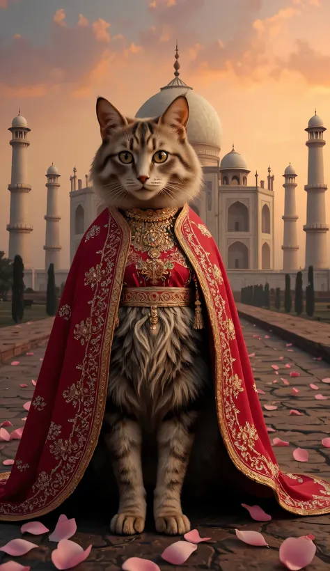 A long-haired cat wearing a red and gold lehenga, poses in front of the Taj Mahal at sunset, with rose petals scattered around it.