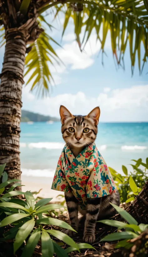 A striped cat wearing a Barong Tagalog made of piña fiber, sits under a coconut tree with a view of the clear coast of Boracay.