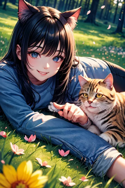 Best Quality, .HighResolution, Perfect Human Structure, Focus On Background, Neon Color, Top Angle, Shiny Hair, Cat Ear, Forest, Flowers, Meadow, Lying Down, Smiling Heart Shape Eyes, Spring, Cherry Petals, Black Hair, Side Bangs, Shiny Hair, Smiling, Grad...