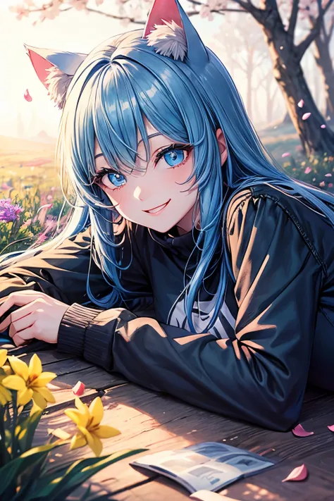 Best Quality, .HighResolution, Perfect Human Structure, Focus On Background, Neon Color, Top Angle, Shiny Hair, Cat Ear, Forest, Flowers, Meadow, Lying Down, Smiling Heart Shape Eyes, Spring, Cherry Petals, Light Blue Hair, Side Bangs, Shiny Hair, Smiling,...