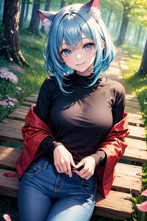 Best Quality, .HighResolution, Perfect Human Structure, Focus On Background, Neon Color, Top Angle, Shiny Hair, Cat Ear, Forest, Flowers, Meadow, Smiling Heart Shape Eyes, Spring, Cherry Petals, Light Blue Hair, Side Bangs, Shiny Hair, Smiling, Gradient Ey...